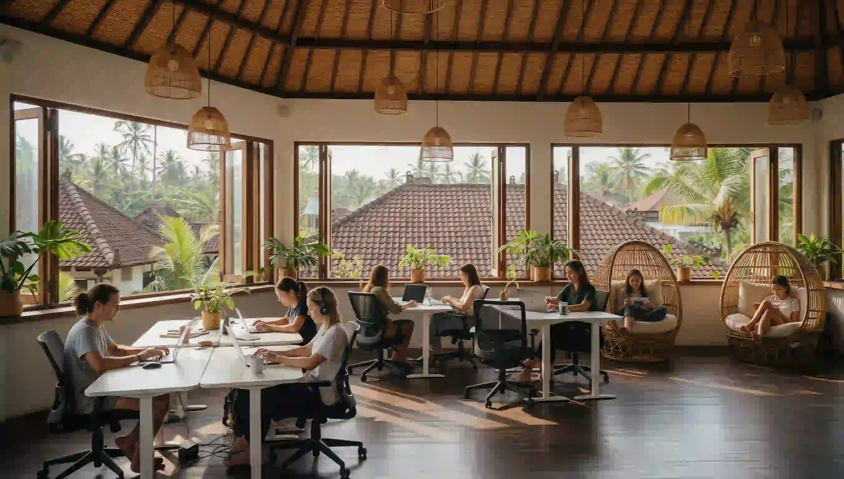 Digital nomads working remotely in Bali coworking space